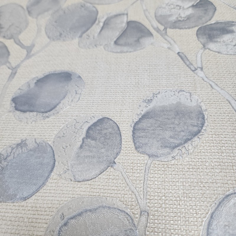 Off White silver- blue eucalyptus trail leaves faux fabric textured Wallpaper 3D gallery