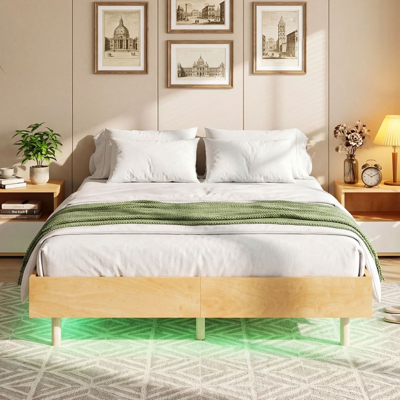 Full Size Floating Bed Frame with LED Lights, 12 Inch Modern Wood Platform Bed gallery