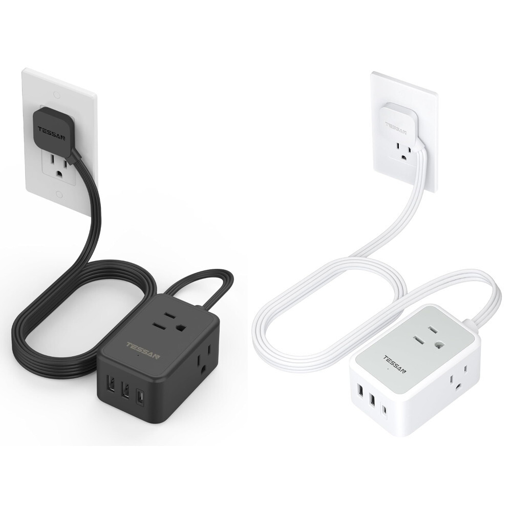 Thin Flat Plug Power Strip with USB 3 Outlet Slim Cord Portable for Travel Ship gallery