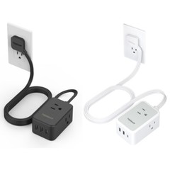 Thin Flat Plug Power Strip with USB 3 Outlet Slim Cord Portable for Travel Ship