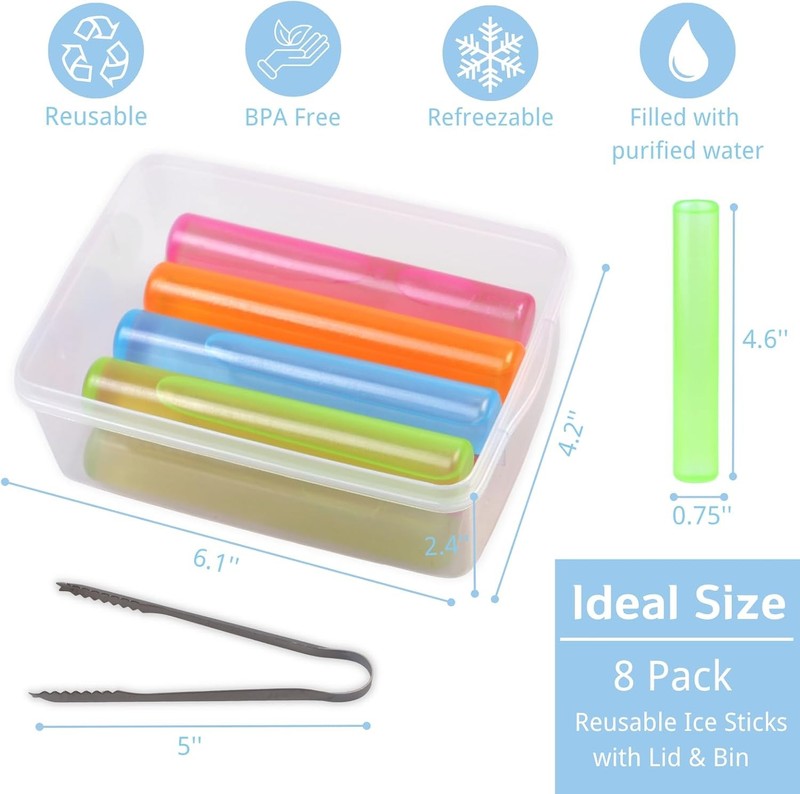 8Pack Reusable Ice Cubes with Lid Bin BPA Free Plastic Ice Sticks for Drinks gallery