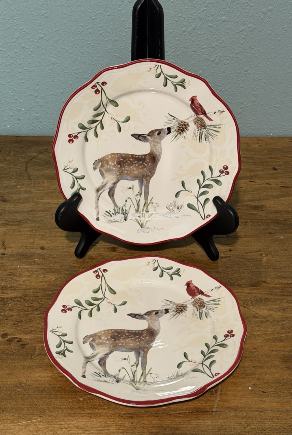2 Better Homes & Gardens Deer & Cardinal Salad Plates Heritage Winter Forest gallery