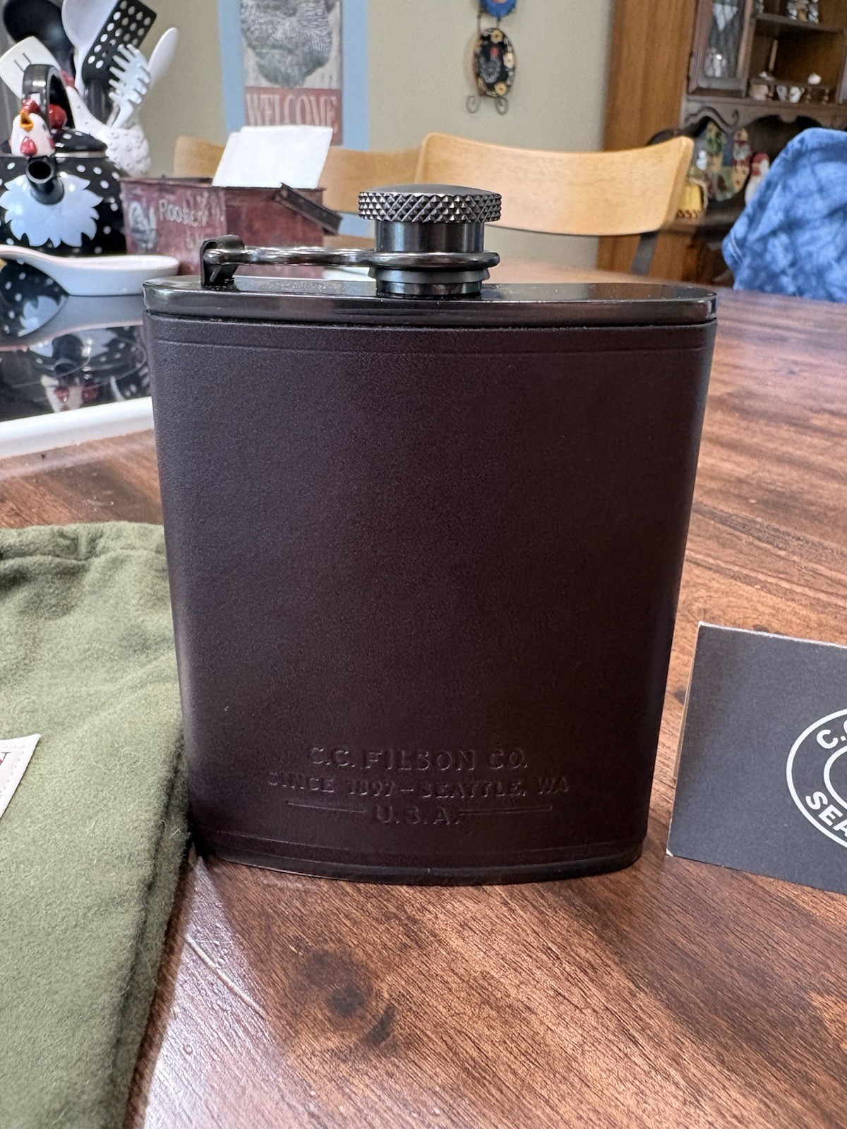 C.C. Filson Trusty Flask 6oz Stainless Steel Leather and Bag gallery