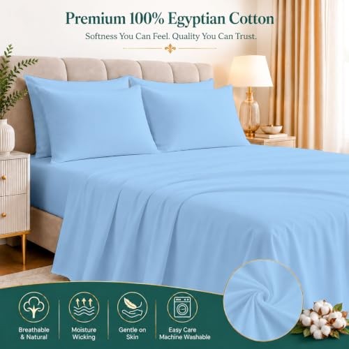 4 Piece Extra Deep Pocket Sheet Set, 100% Egyptian Queen Light Blue Solid gallery