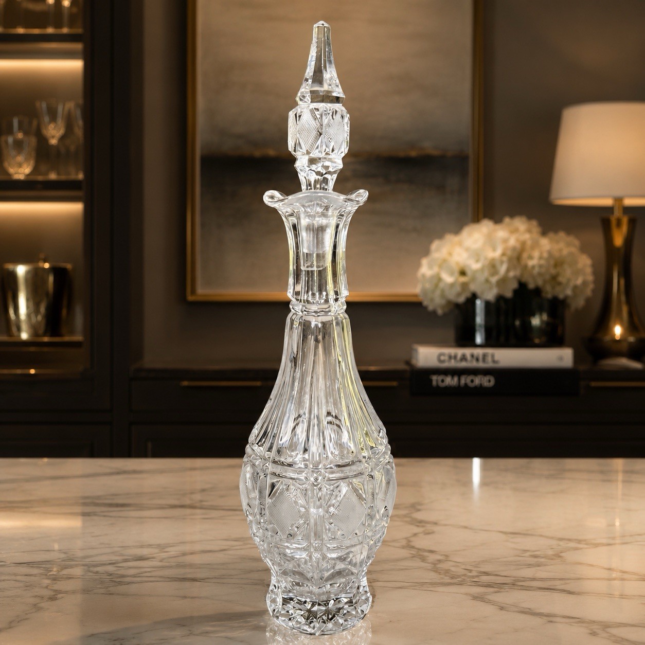 Princess House Style Cut Crystal Etched Wine Decanter Diamond Motif 15.5" Tall gallery