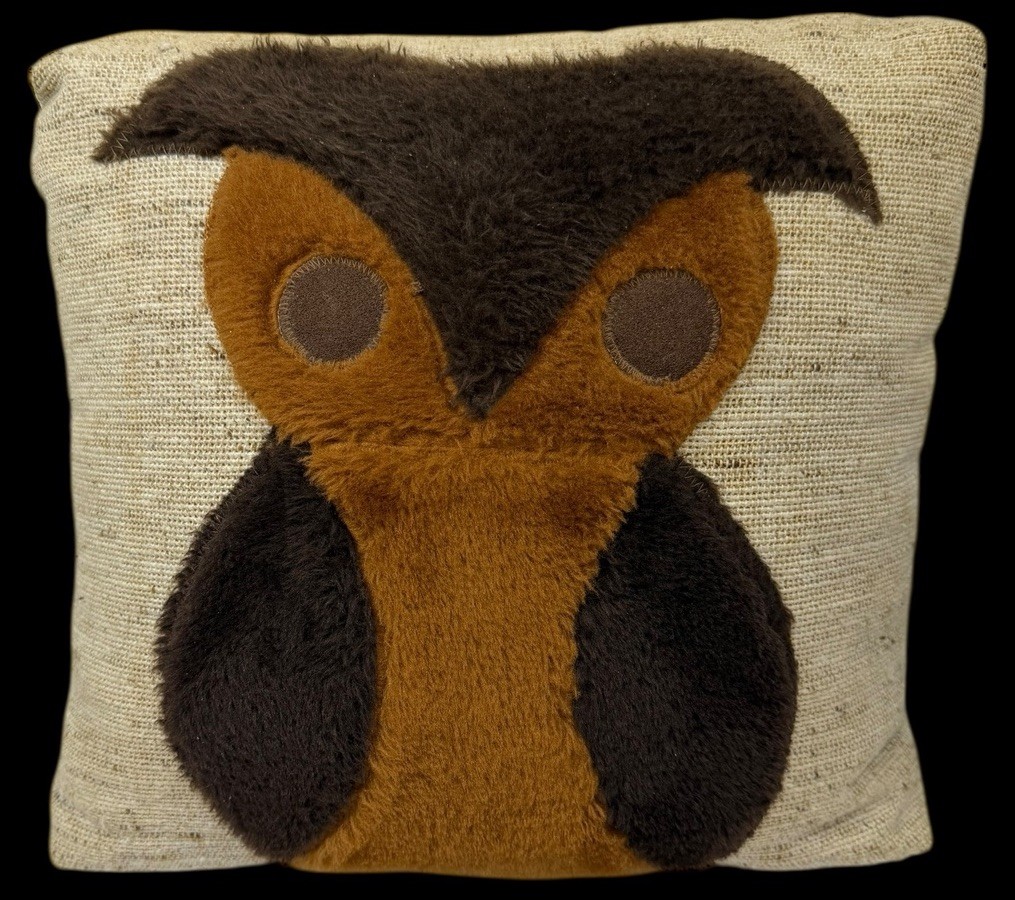 Vintage MCM Owl Throw Pilllow Tweed Burlap Fuzzy Brown Beige 13x13" 1960s 1970s gallery