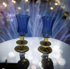 Vintage ~ 2 Candlestick Holders~Cobalt Blue Glass Hurricane Style & Metal~ 1970s