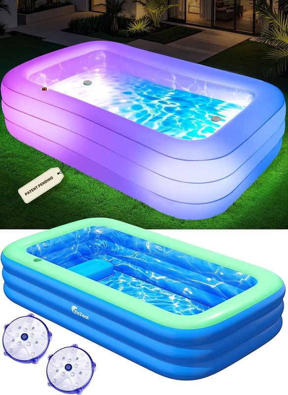 Inflatable Pool with Lights, 110x63x20in Adults Large, Cyan, Durable PVC gallery