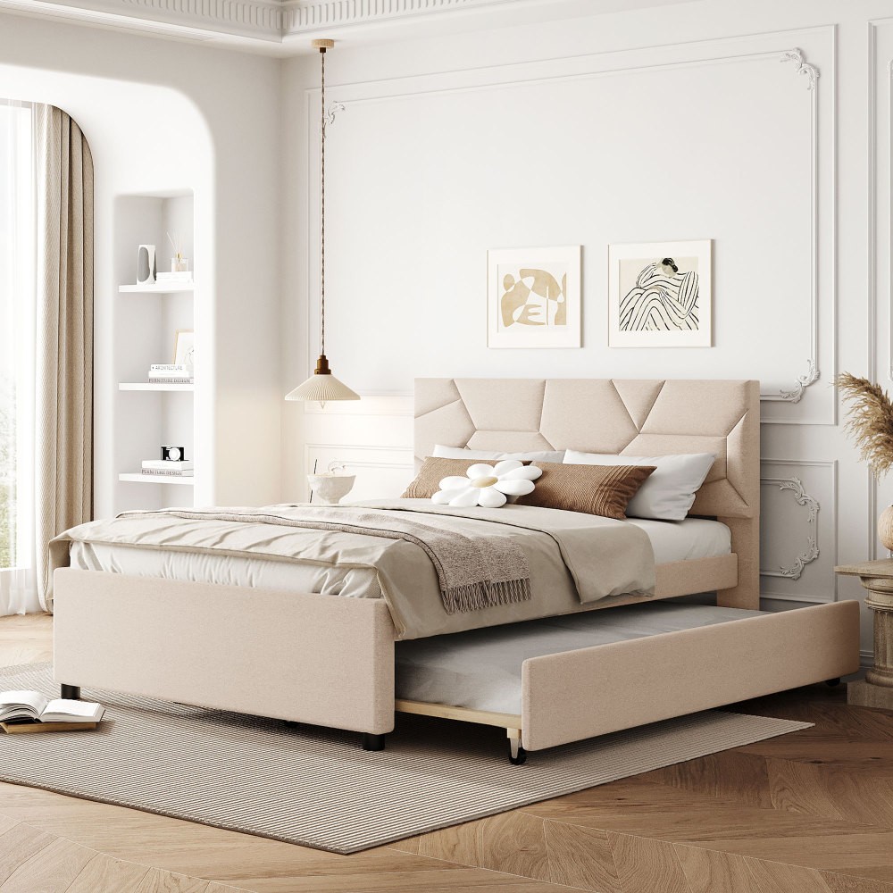 Full Size Upholstered Platform Bed with Brick Pattern Headboard and Twin Size gallery