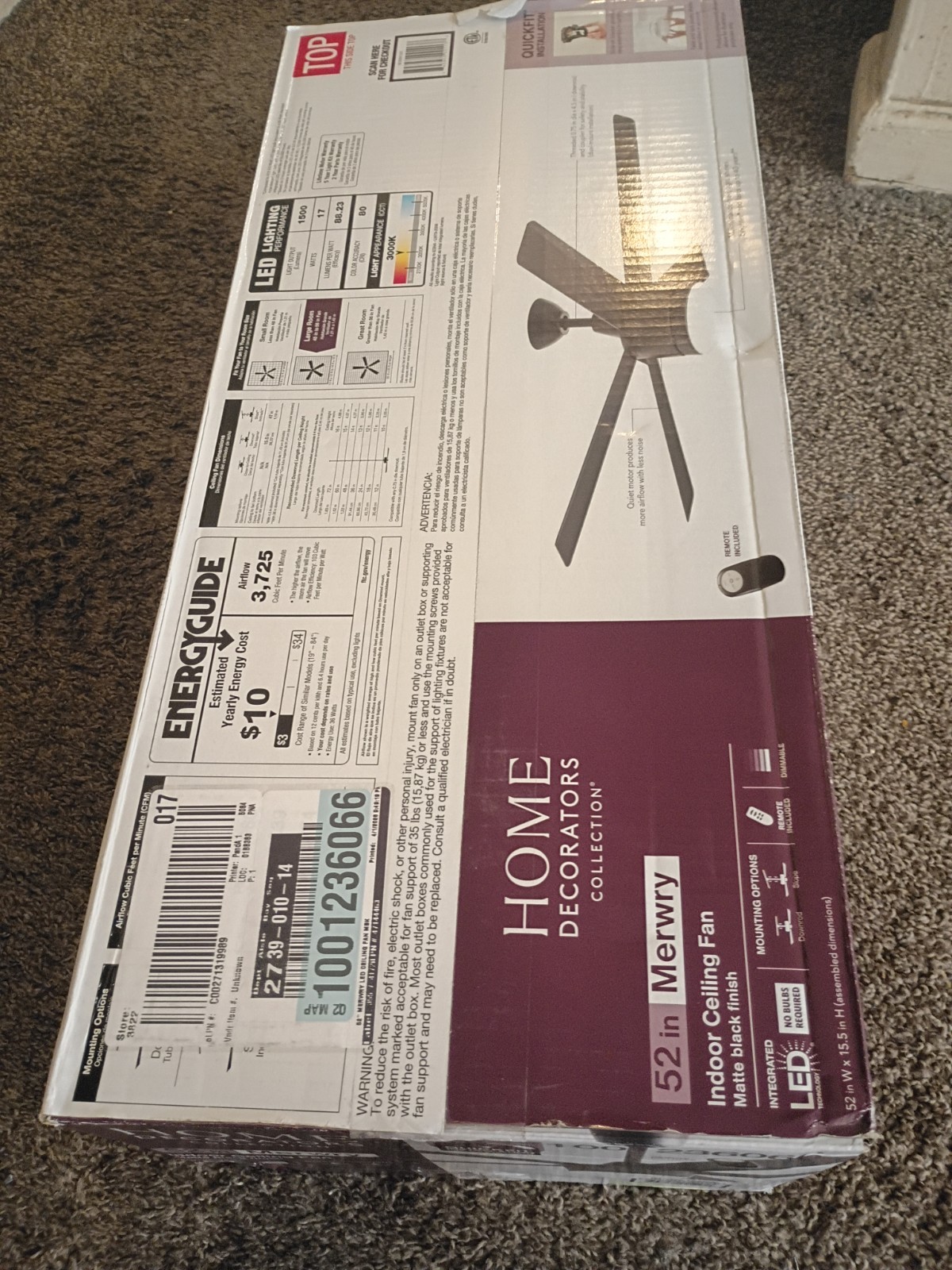 Home Decorators Collection Merwry 52" Matte Black Ceiling Fan LED Remote Control gallery