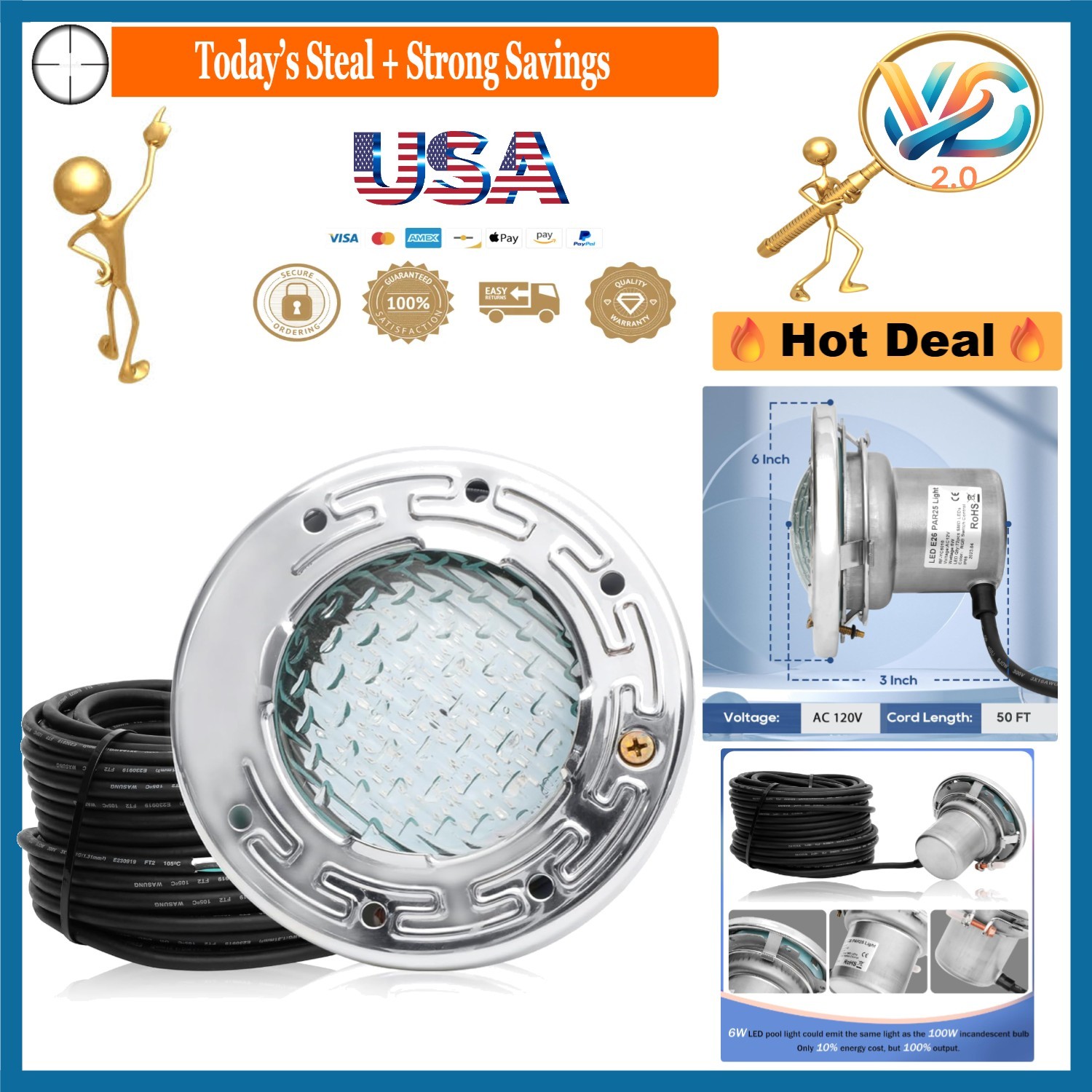 6 Inch LED Pool Light 50ft White Underwater Spa & Inground Pool Light 120V gallery