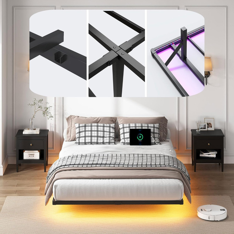 Full Size Floating Bed Frame with LED Lights & Charging Station, Easy Assembly gallery