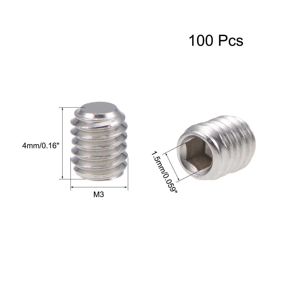 100Pack M3x4mm Internal Hex Socket Set Grub Screws Flat Point 304 Steel Screw gallery