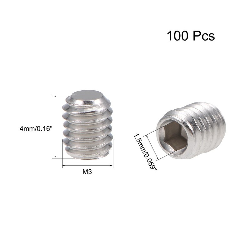 100Pack M3x4mm Internal Hex Socket Set Grub Screws Flat Point 304 Steel Screw gallery