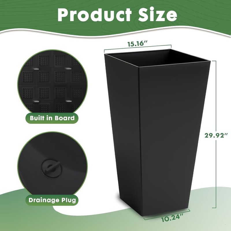 2PCS Black 30"Tall Square Planters Detachable Tray Patio Garden Tree Flower Pots gallery