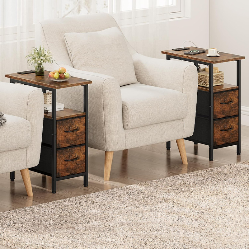 2-Pack Rustic Brown Nightstands with Charging Station & LED Lights gallery