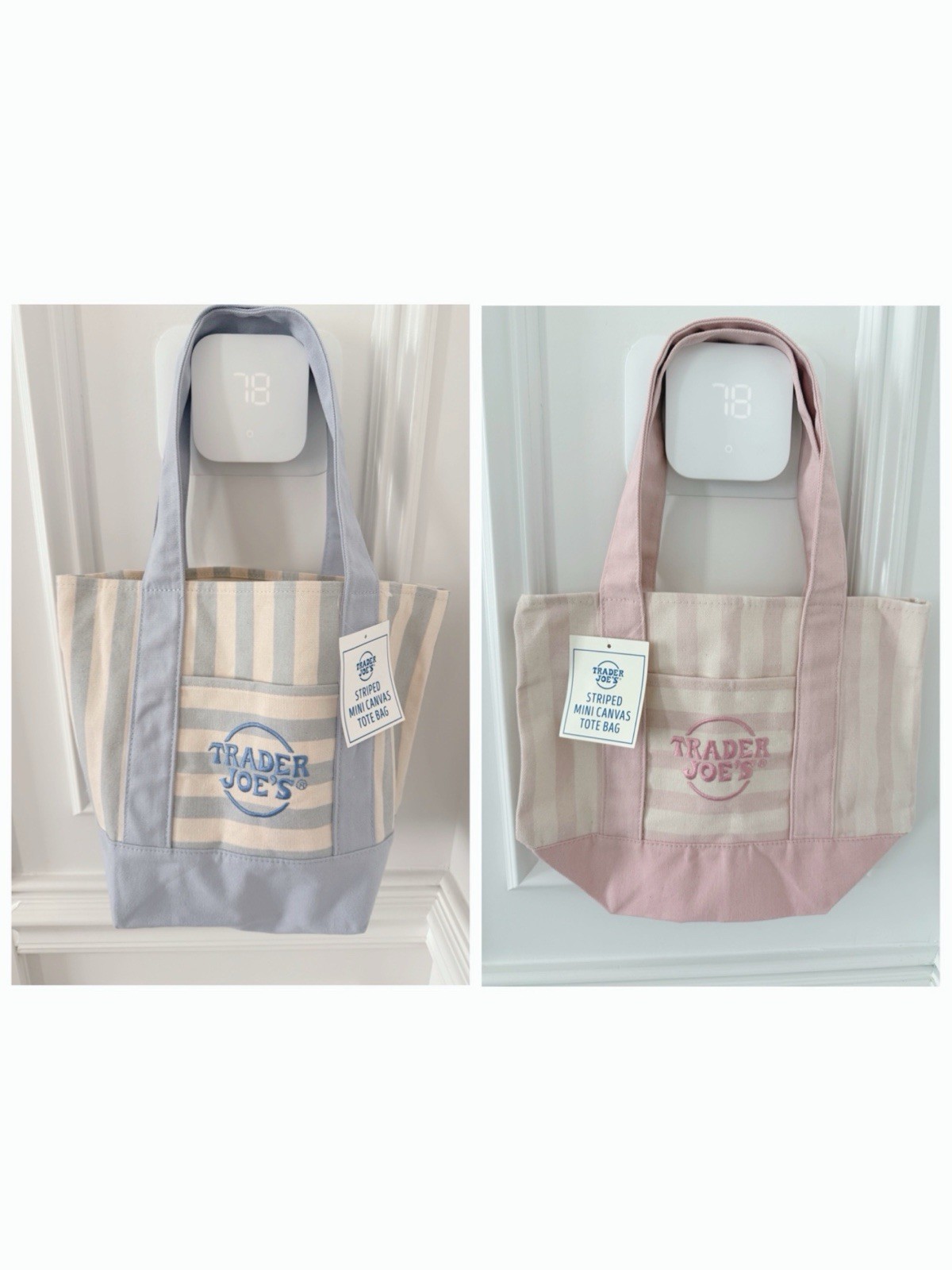 💗 Trader Joe’s Mini Pastel Stripe Canvas Tote Bag Pink & Blue NEW & Ship today gallery