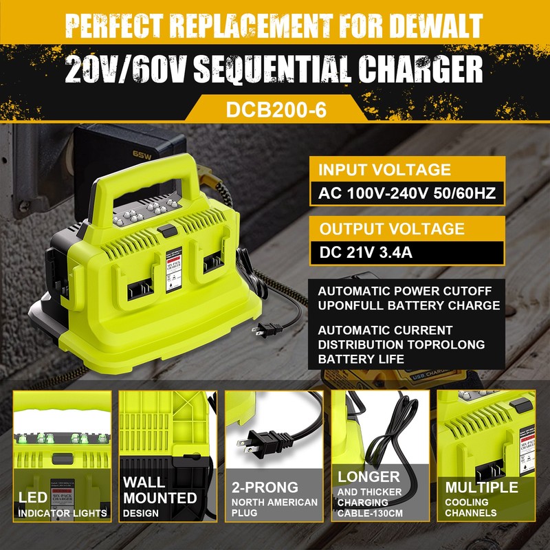 For DEWALT 20V/60V Max Flexvolt DCB609 Lithium-Ion Battery 6-Port Charger DCB104 gallery