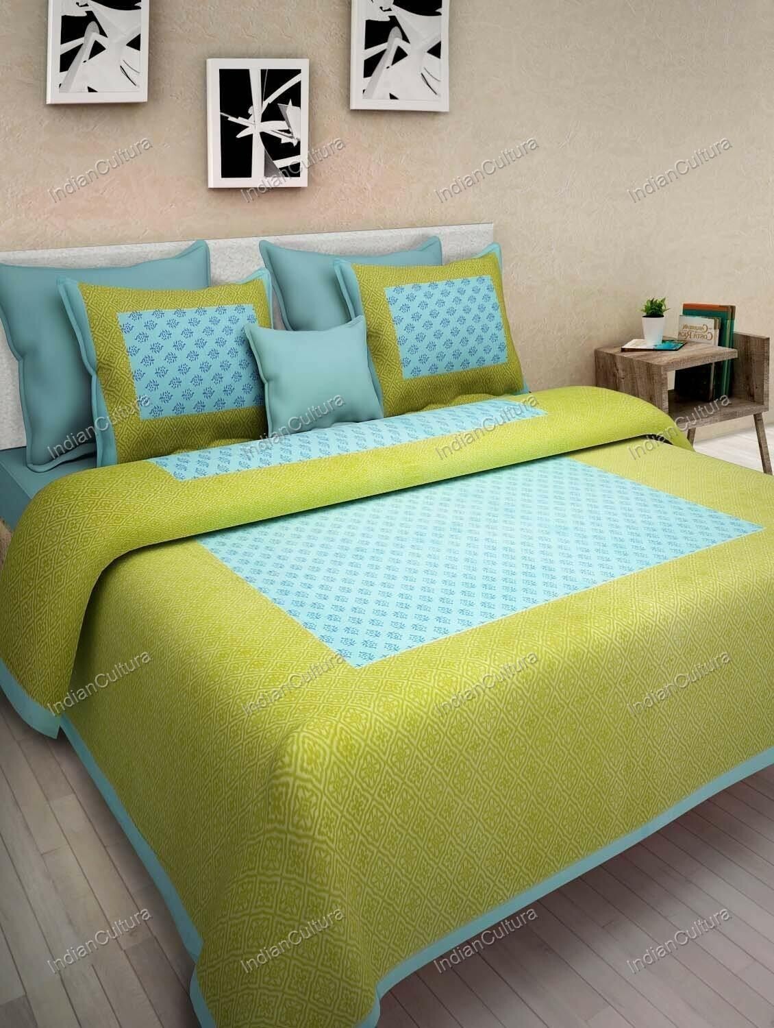 Bed Sheet with Two Pillow Cover Green Froal hand 4 Kaam Gad Buti Pure Cotton Dou gallery