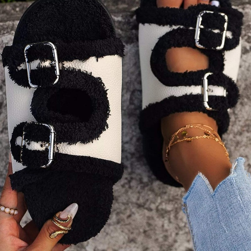 Double Buckle Plush Lined Platform Slippers gallery