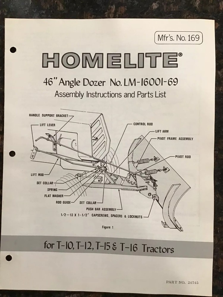 Homelite Manual Assembly Instructions & Parts List 46” Angle Dozer LM-16001-69