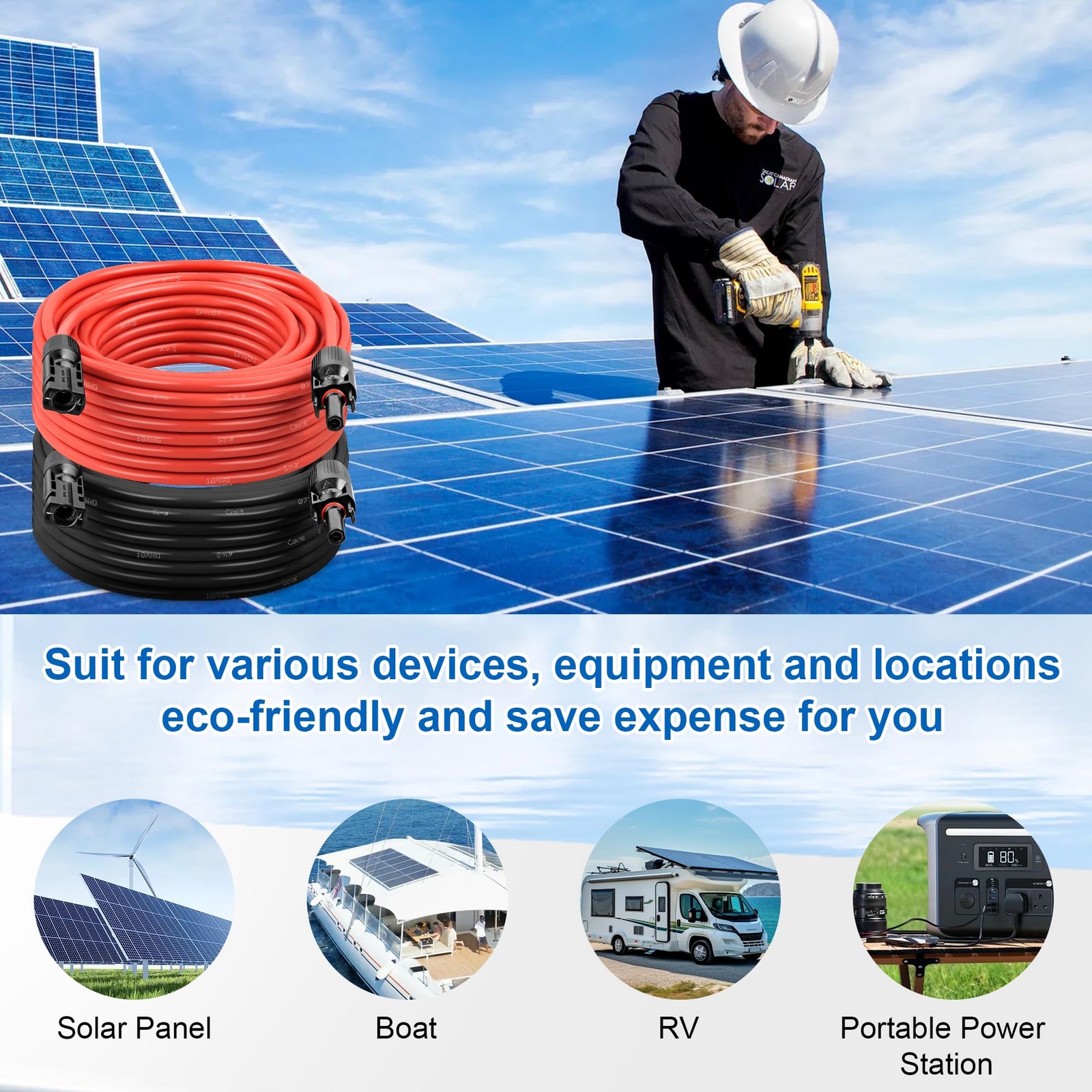 10 FT 10AWG Solar Panel Extension Cable,10 10FT-10AWG, Red and Black-10AWG gallery