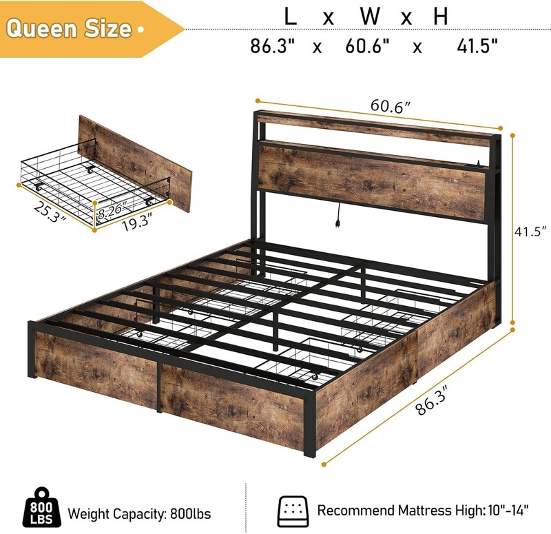 Full Queen Bed Frame with 4 Storage Drawers and Charging Station ＆ LED Lights gallery