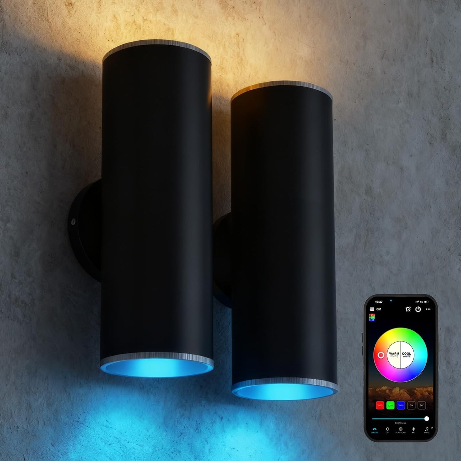 Smart Up and Down Outdoor Wall Light, RGBCW Color Changing Exterior 2 Pack gallery