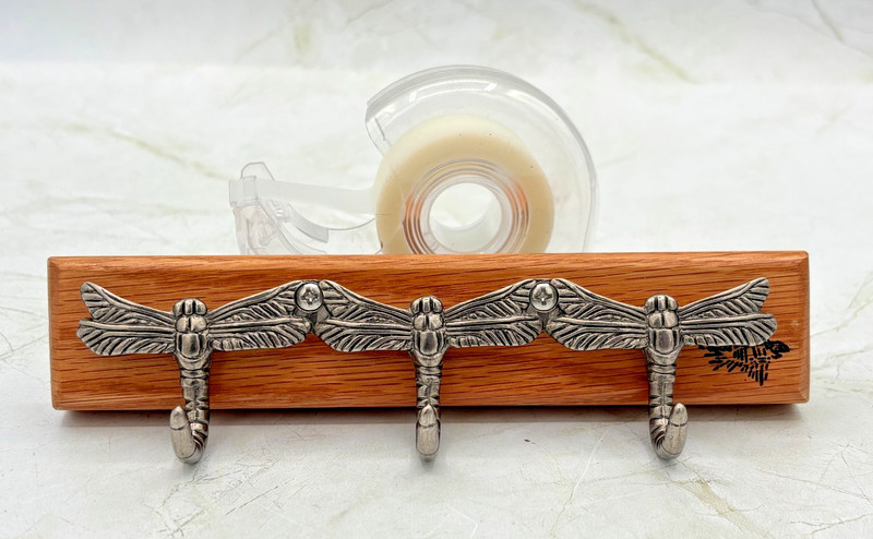 Artisan Signed Oak Dragonfly 3 Hook Key Rack Handmade 2024 Bradenton FL Bonefish gallery