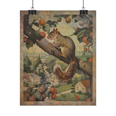 Retro SQUIRREL Fruit Tree Wall Art Poster, Woodland Squirrel Feeder Nature Decor
