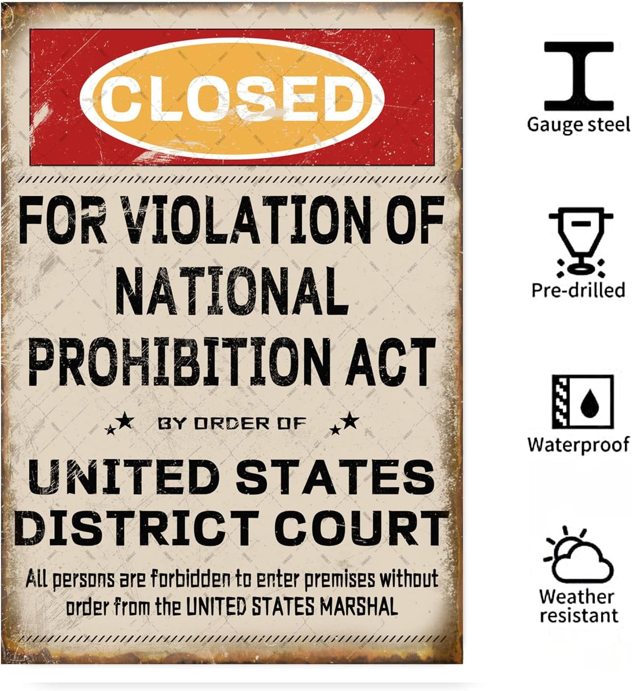 Closed Prohibition Metal Tin Sign Speakeasy Prohibition 1920s Vintage Retro Deco gallery