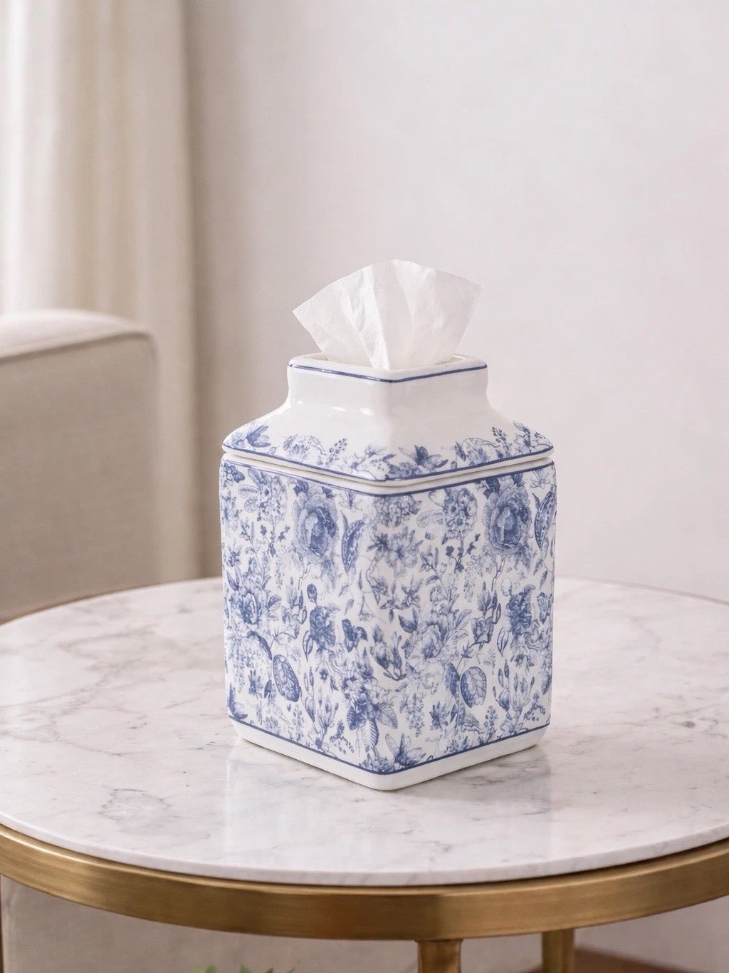 Blue & White Floral Ceramic Tissue Box Holder Floral Vintage Design Roses gallery