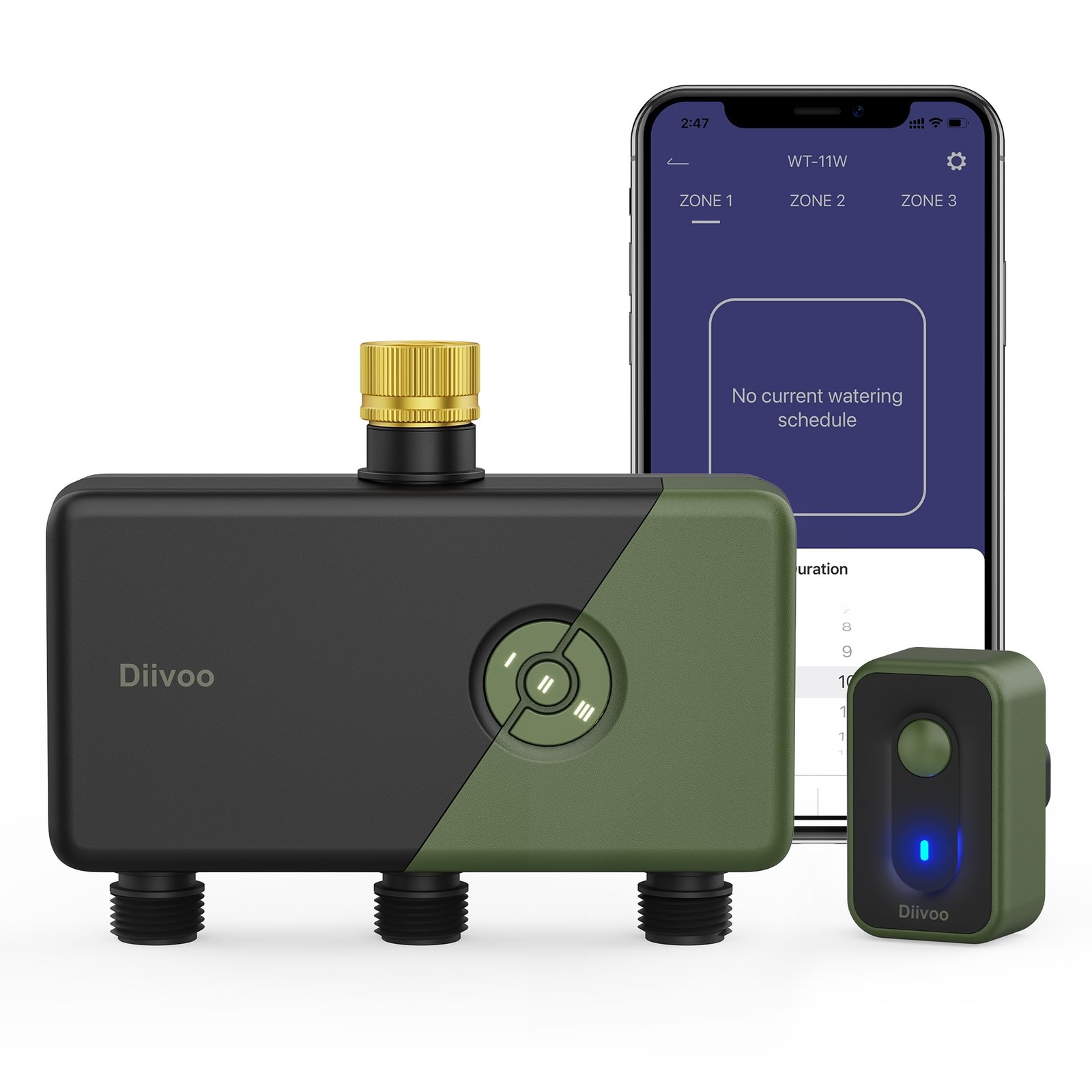 Diivoo 3 Zone WiFi Water Timer with Brass Inlet, Smart 3 Outlets, Green gallery