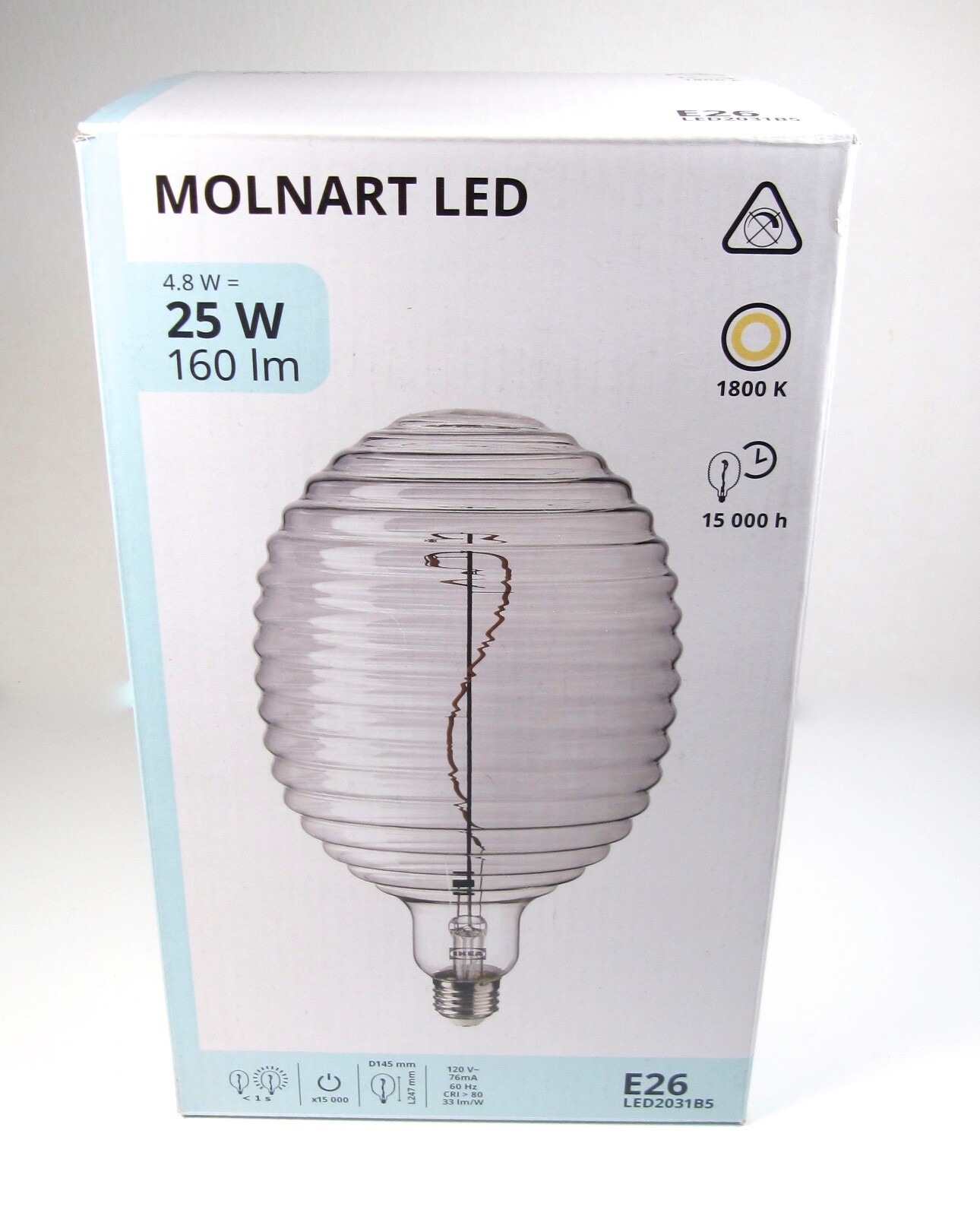 IKEA MOLNART LED Bulb 25W E26 160 lm Large Edison Style Ribbed Glass Gray Tint gallery