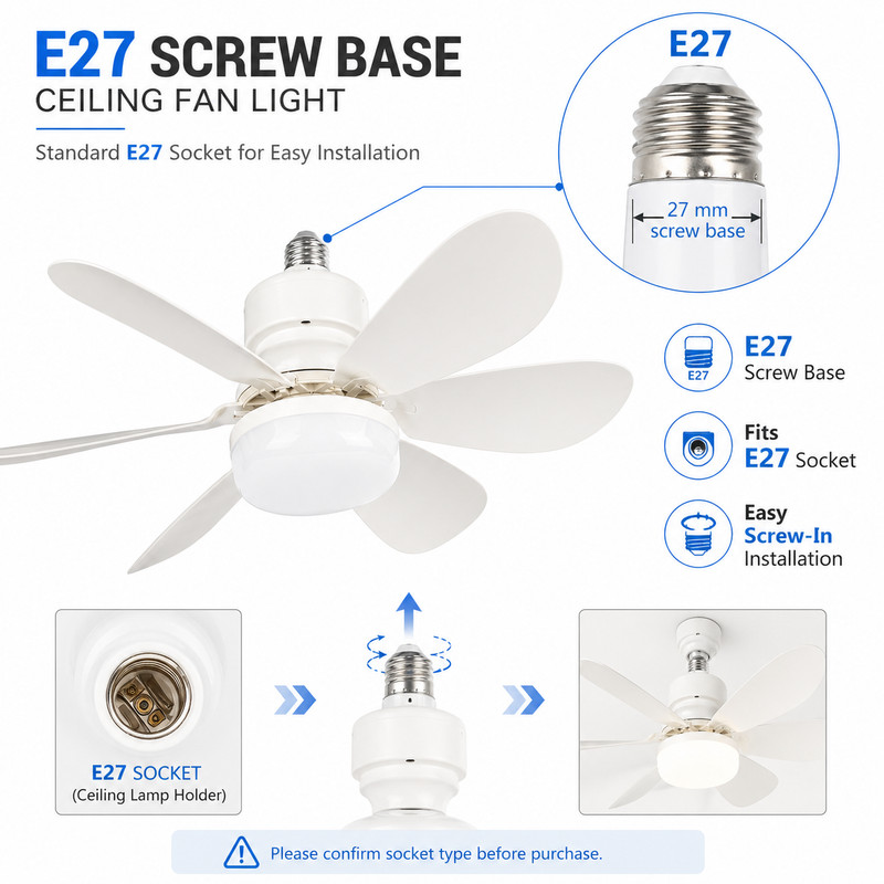2-in-1 E27 Socket Fan Light with Remote Screw in Ceiling Fans LED Light Bulb Fan gallery