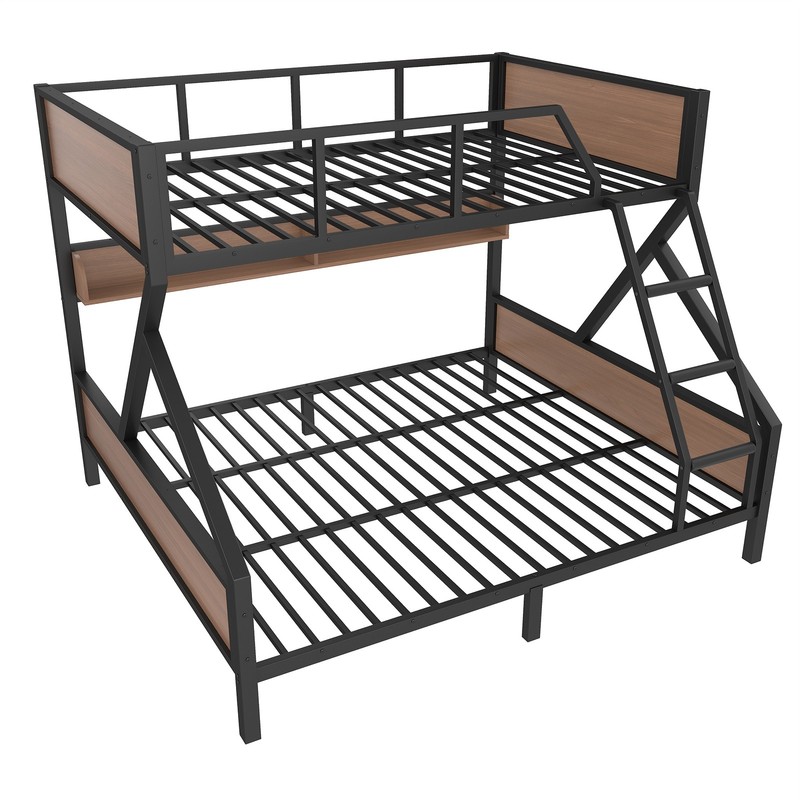 Queen over King Bunk Bed, Metal Bunk Bed with Storage Shelves and Lights Black gallery