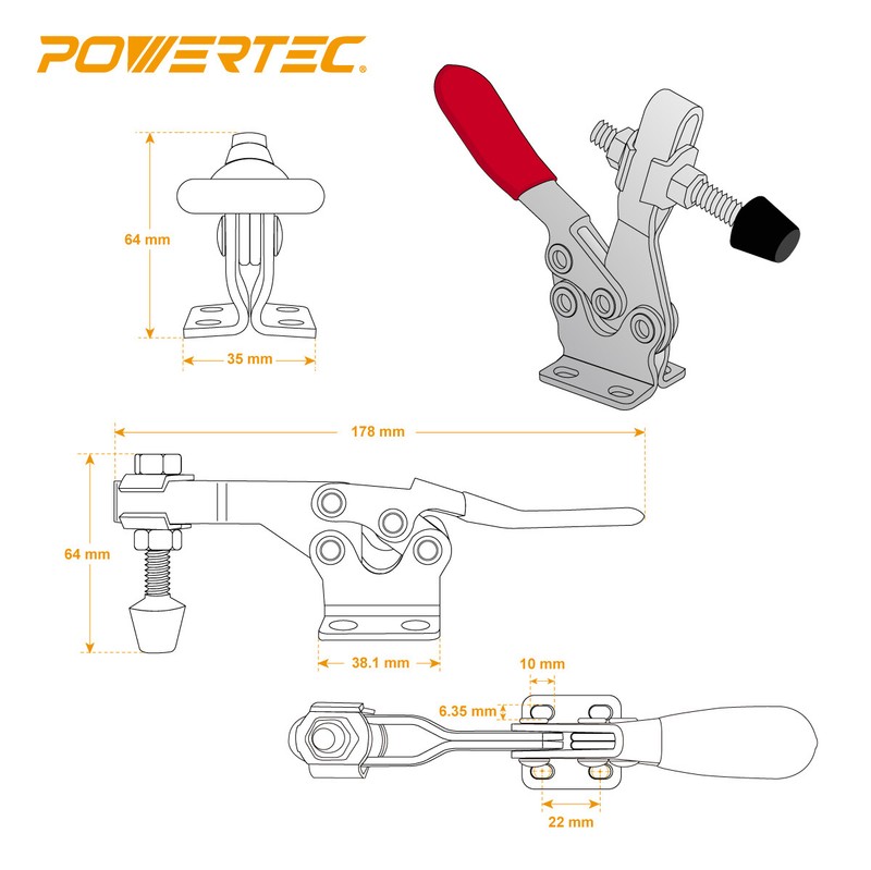 POWERTEC Horizontal Quick-Release Toggle Clamp, 500 lbs 225D - 4pcs (20326) gallery