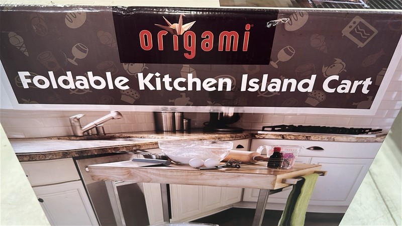 Origami Foldable Wheeled Portable Solid Wood Top Kitchen Island Bar Cart, Silver gallery