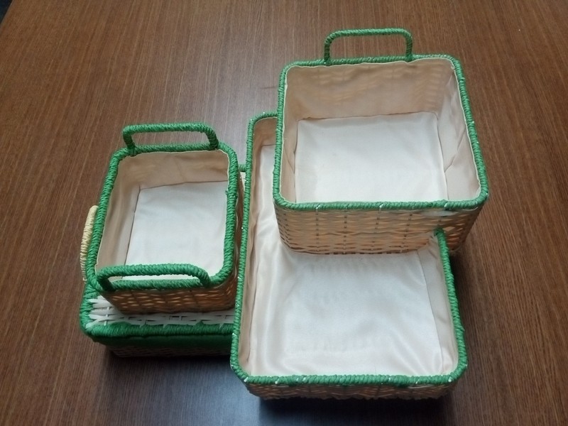 3-Piece Rectangular Scalloped Hyacinth Wicker Storage Basket Set, Green Trim gallery