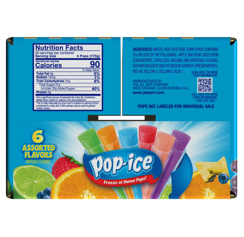 Pop-Ice Assorted Fruit Freezer Ice Pops, Gluten-Free Frozen Snack, 1.5 oz, 80 Ct gallery