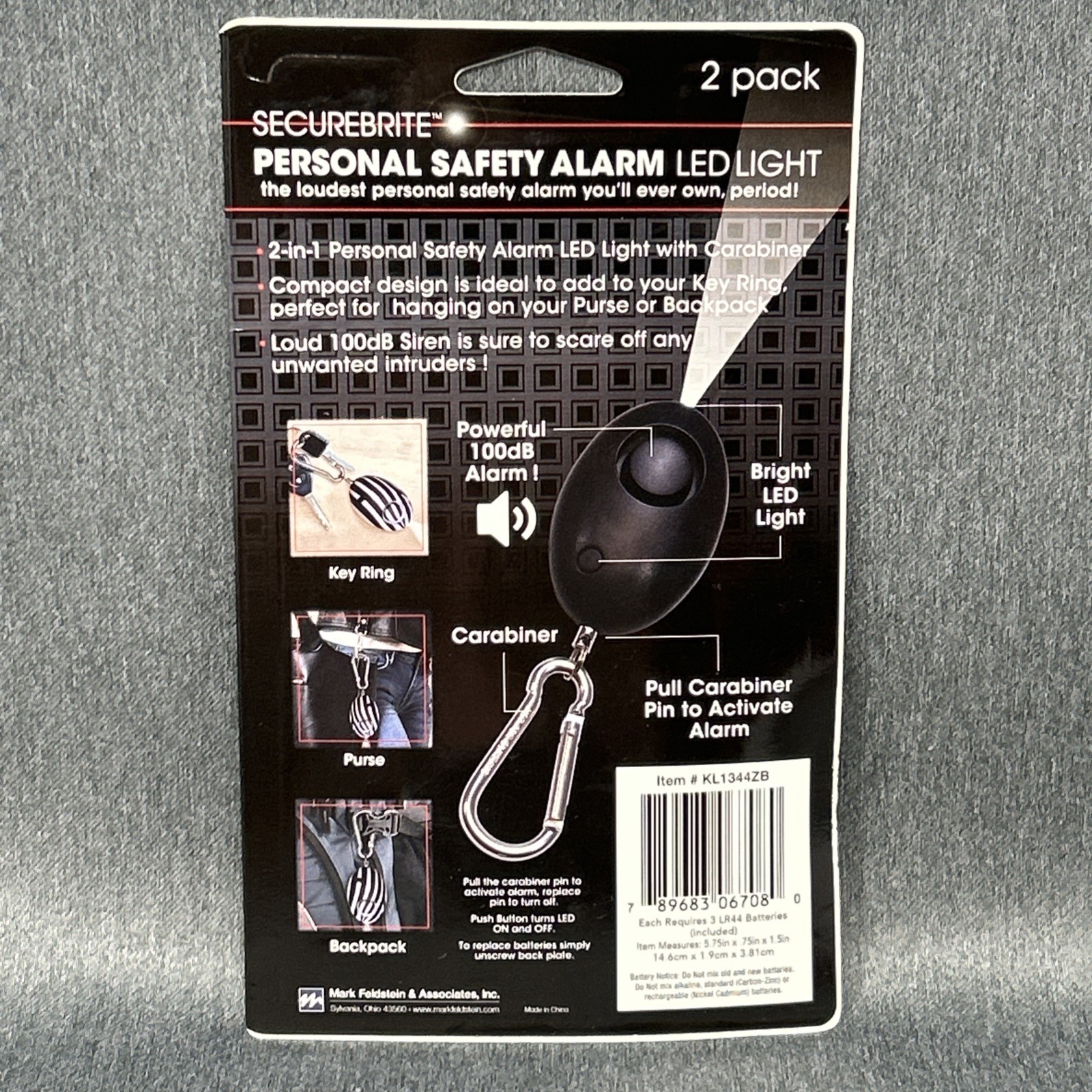 2 pack Securebrite Personal Safety Alarm LED Light Carabiner Black White 100DB gallery