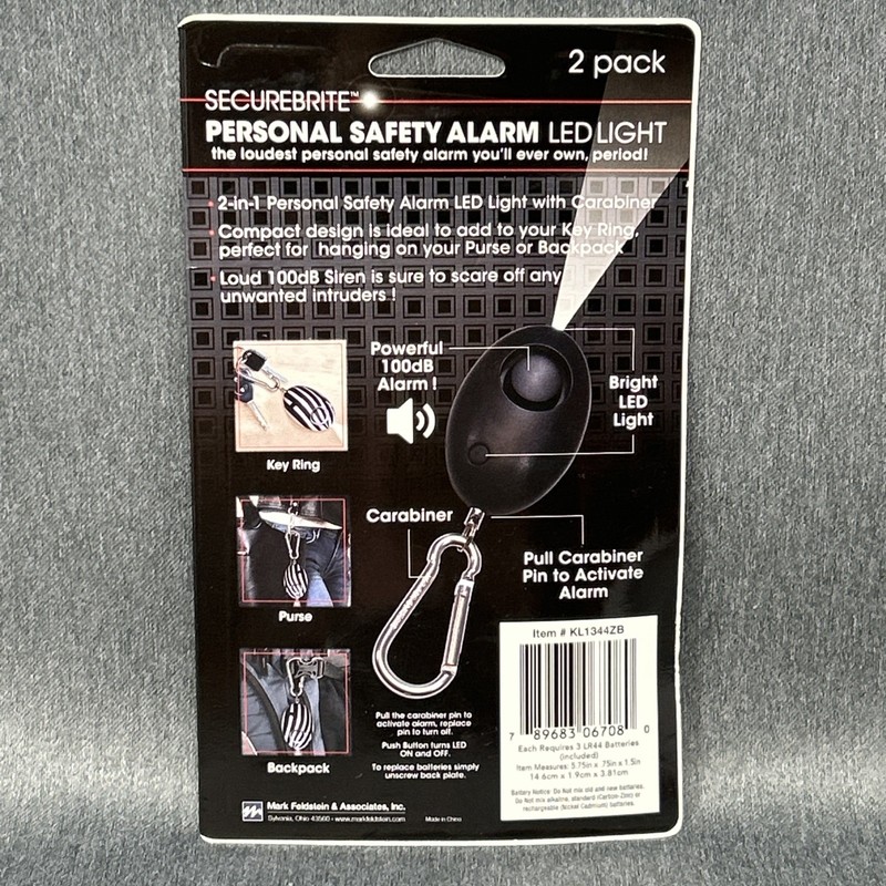 2 pack Securebrite Personal Safety Alarm LED Light Carabiner Black White 100DB gallery