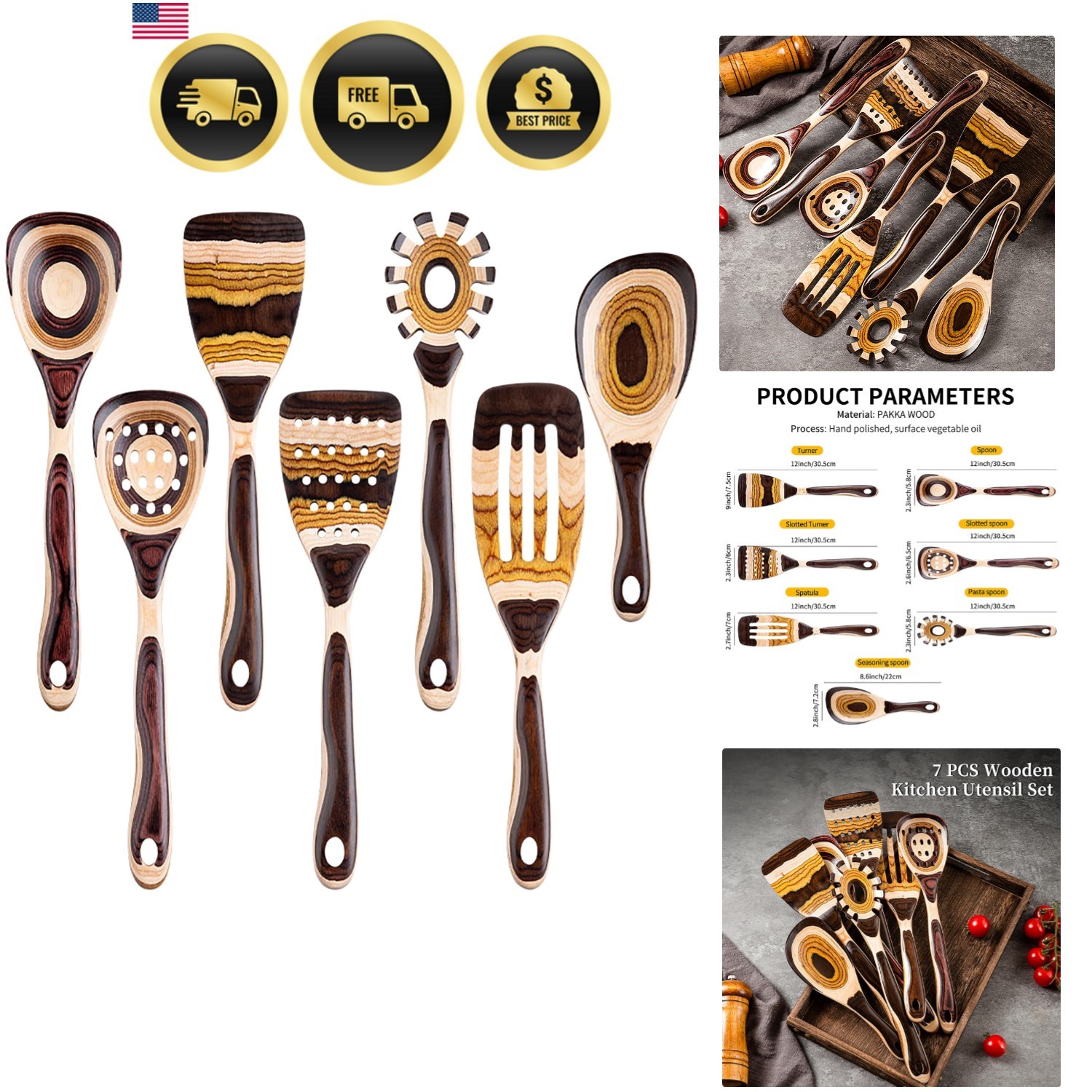 7-Piece Brown Pakkawood Utensils Set – Sturdy, Eco-Friendly, Wooden Spoons fo... gallery