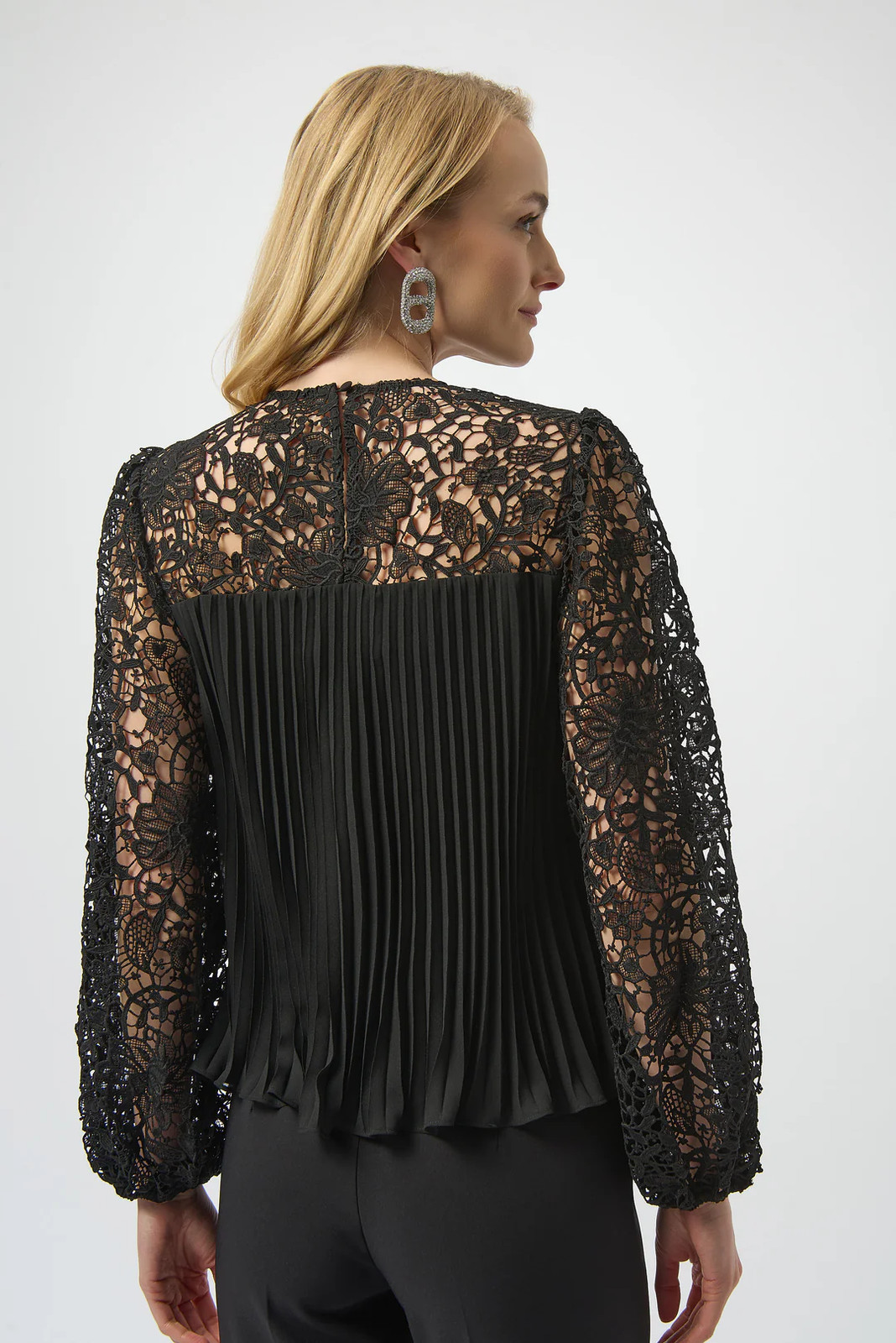 Joseph Ribkoff Black Pleated Crew Neck Long Lace Puff Sleeves Top 254900 gallery