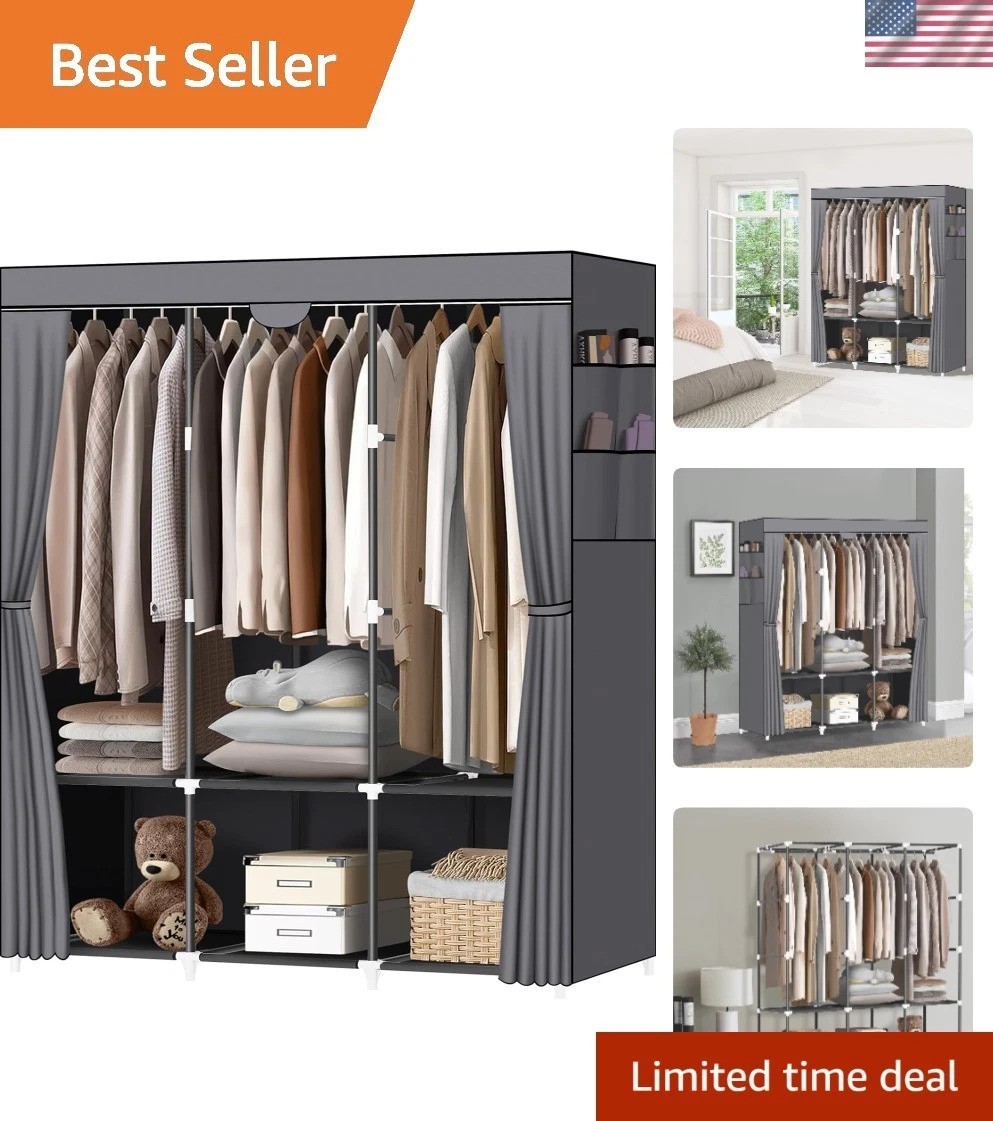 Portable Closet Wardrobe with 3 Hanging Rods 6 Shelves and Side Pockets Black gallery