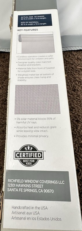 Light Filtering Roller Shades 5% Openness Solar Screen 32”W x 72" H Grey (1279 gallery