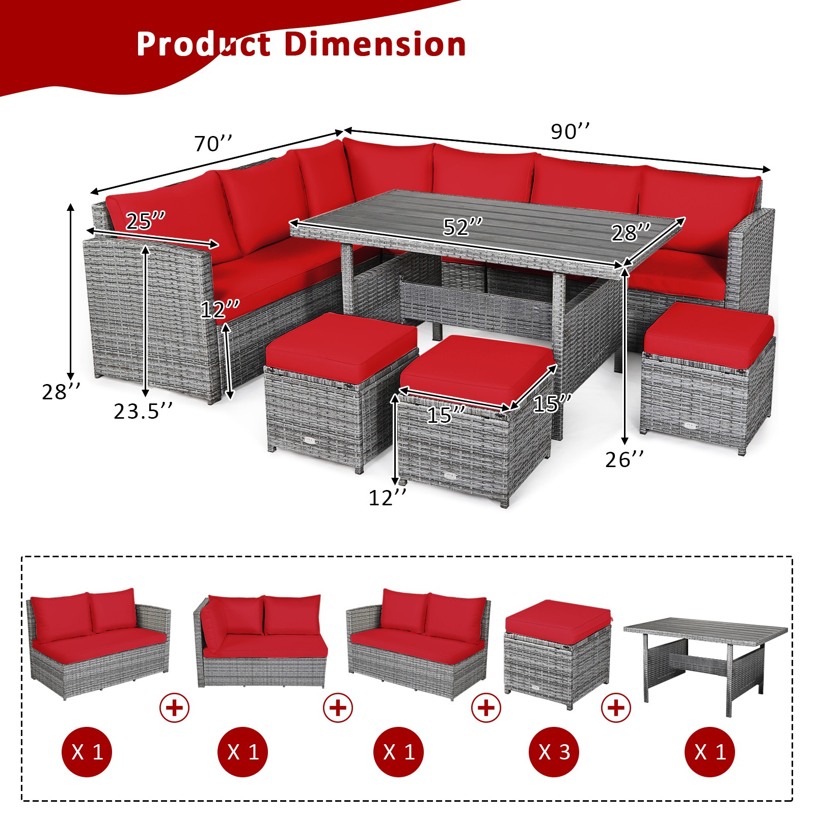 Patiojoy 7 PCS Patio Rattan Dining Set Sectional Sofa Couch Ottoman Outdoor Red gallery