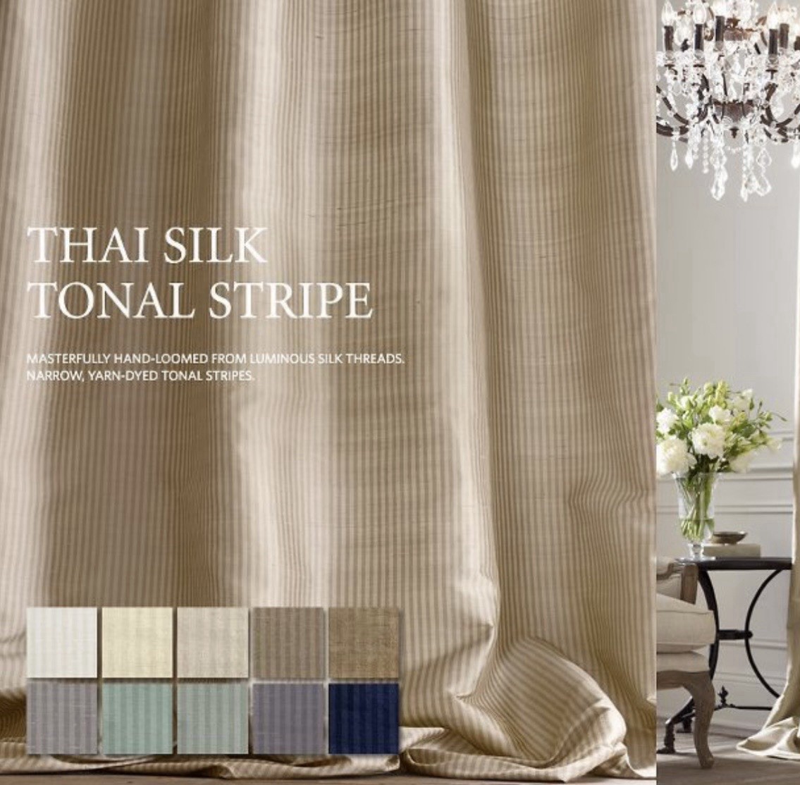 Restoration Hardware Curtain THAI SILK Stripe Set (2) Drapes Sand Ivory 106 X 50 gallery
