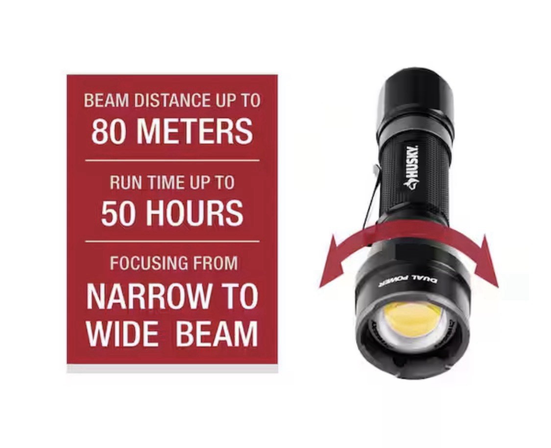Husky Rechargeable LED Flashlight 1800 Lumens Dual Power Adjustable Focus 80m gallery
