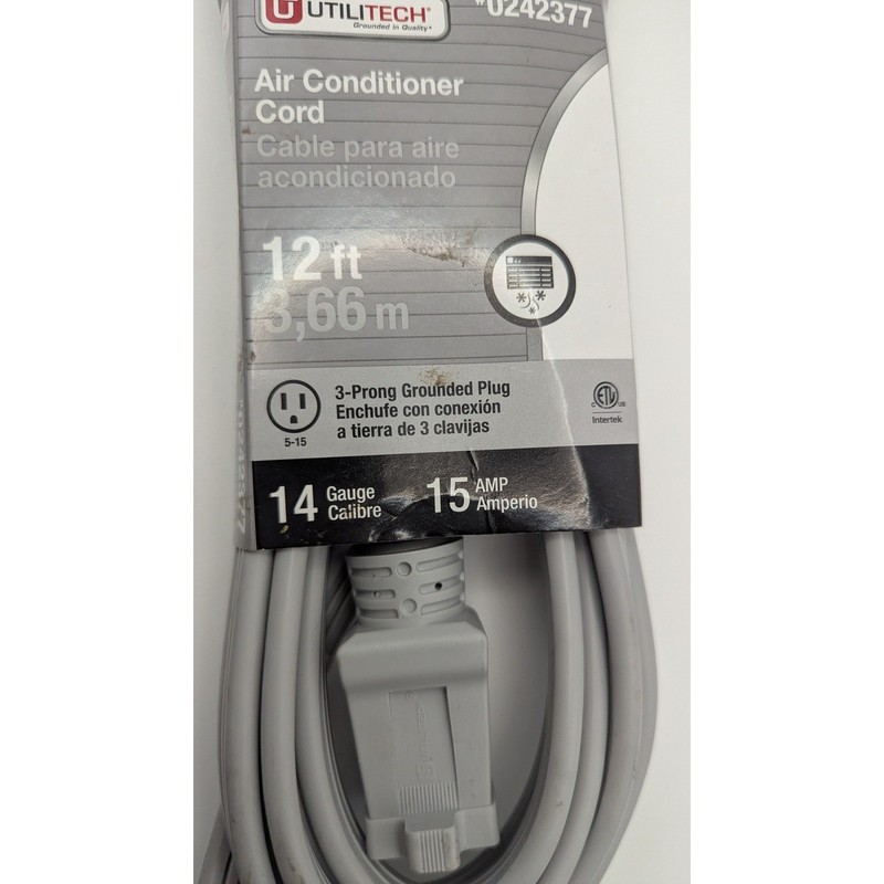 Utilitech 12ft Air Conditioner Extension Cord 14 Gauge 15 Amp Gray 0242377 NEW gallery